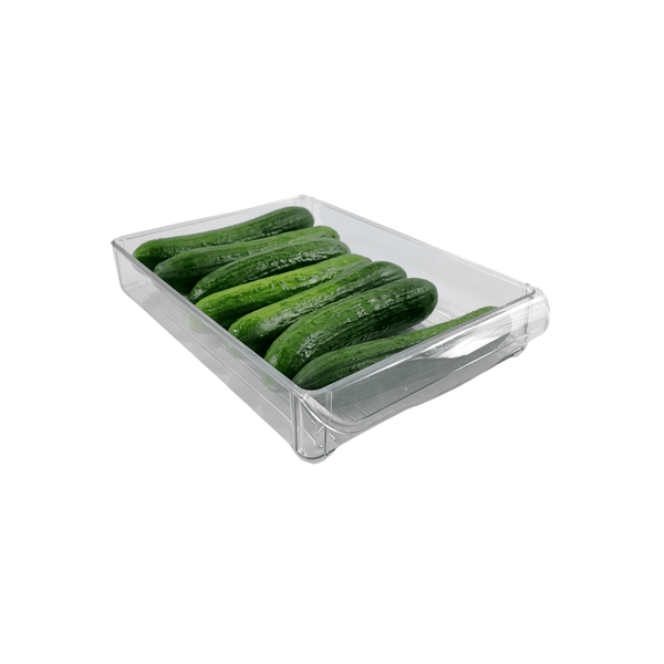 Fridge stackable clear storage tub with fresh cucumbers, ideal pantry or fridge organiser