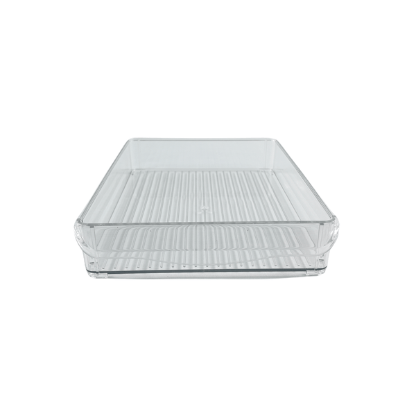 Large fridge stackable clear storage tub, perfect for organizing kitchen pantry or fridge.