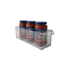Small clear storage tub with lip holding tomato jars, ideal for pantry organization.