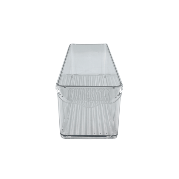 Clear small pantry storage tub with lip, ideal for organizing kitchen or fridge items.