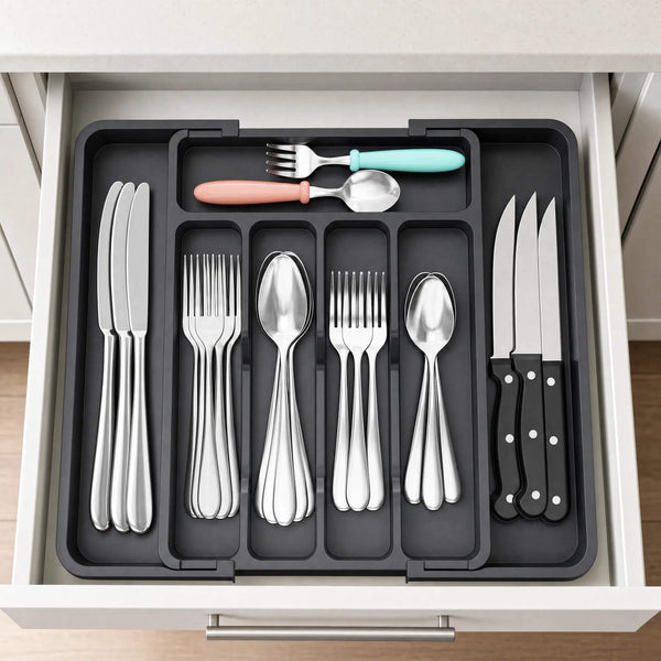 Expandable Cutlery Drawer Organiser Tray โ Black (7 Slot)
