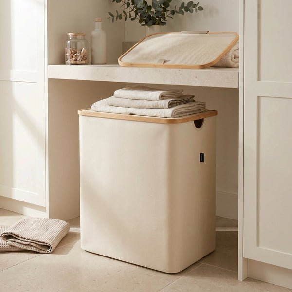 Large Beige Linen Storage Basket with Mesh Lid