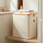 Large Beige Linen Storage Basket with Mesh Lid