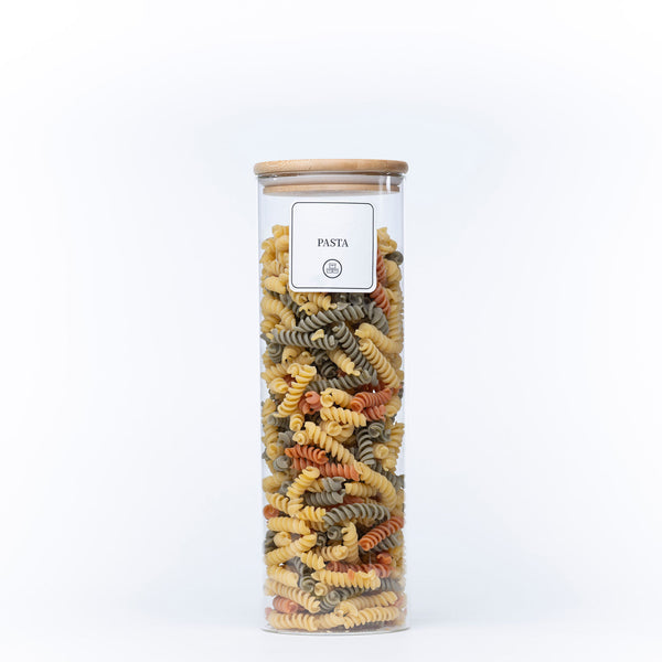 2100ml Glass Storage Jar with Bamboo Lid filled with colourful pasta, ideal for kitchen and pantry organisation, a must-have glass jar.