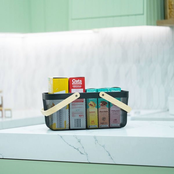 Large Black Handy Storage Basket with Wooden Handle