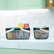 Small Black Handy Storage Basket with Wooden Handle for pantry organisation, ideal under sink or kitchen storage.