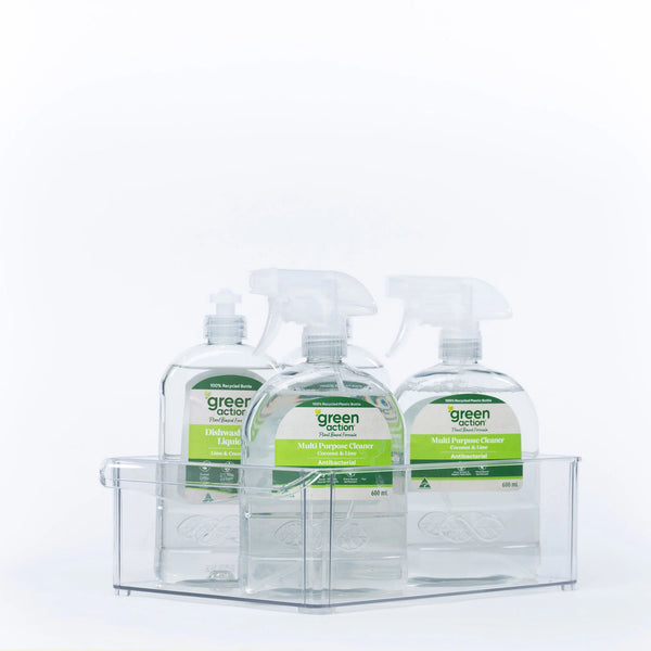 Clear storage organisers holding spray bottles as part of Small Pantry Reset Pack for efficient kitchen and pantry organisation.