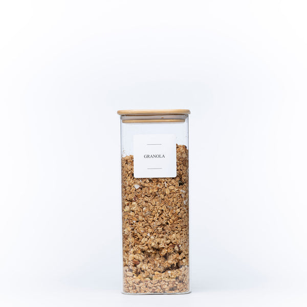 Square Glass Jar with Bamboo Lid – 1500ml Pantry Storage for kitchen organisation filled with granola. Ideal for pantry organisation.