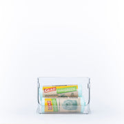 Small Clear Stackable Organiser for kitchen pantry organisation, holding rolled rubbish bags for efficient under sink storage.