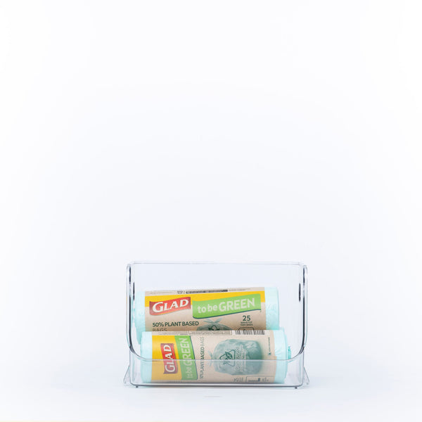 Small Clear Stackable Organiser for kitchen pantry organisation, holding rolled rubbish bags for efficient under sink storage.