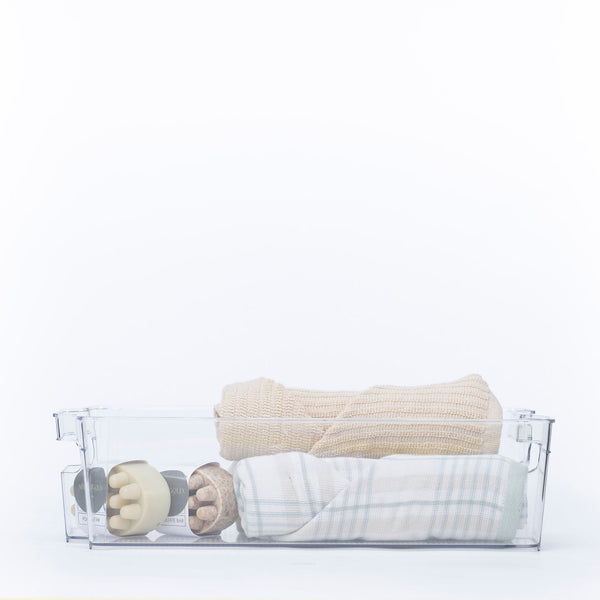 Clear Storage Tub With Handles – Large used for organised storage of kitchen towels and utensils, ideal for pantry organisation.