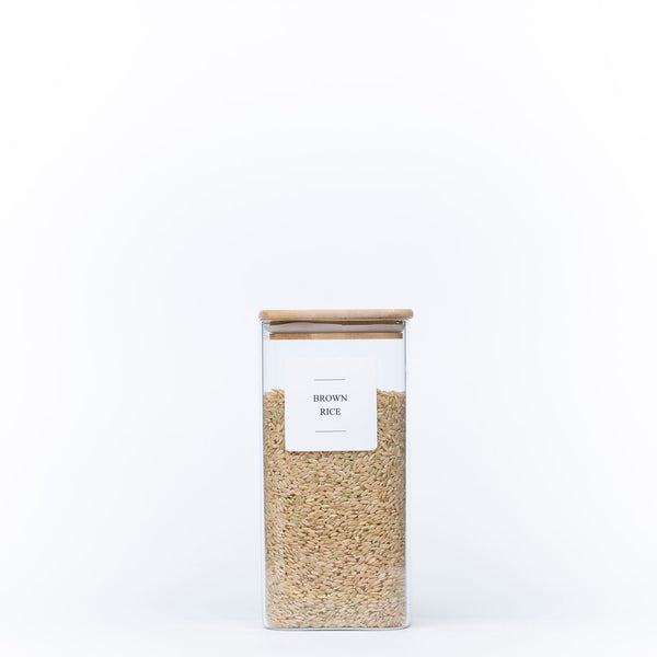 Square Glass Jar with Bamboo Lid – 1250ml Pantry Storage, ideal for kitchen and pantry organisation, storing grains like brown rice.