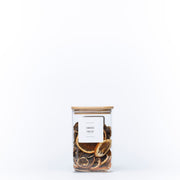 Square Glass Jar with Bamboo Lid – 1100ml Pantry Storage, filled with dried fruit for kitchen and pantry organisation.