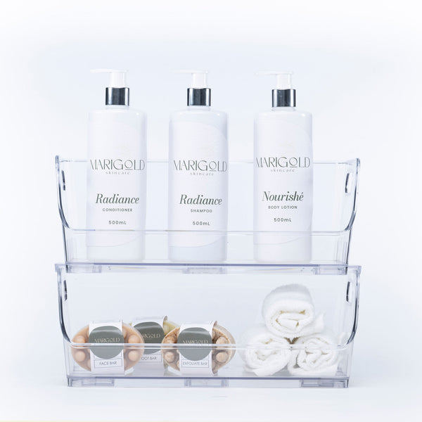 Large Clear Stackable Organiser with toiletries and towels, ideal for bathroom storage organisers and efficient space use in small areas.