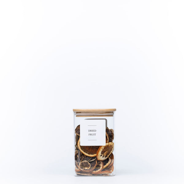 Square Glass Jar with Bamboo Lid – 1100ml Pantry Storage, filled with dried fruit for kitchen and pantry organisation.