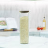 Round Glass Acacia Storage Jar Set – 5 Pack, featuring glass jar with acacia lid, perfect for pantry organisation of rice or grains.