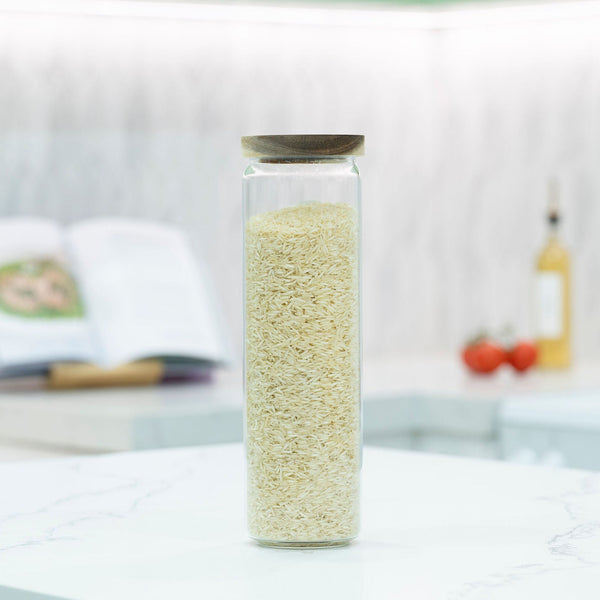 Round Glass Acacia Storage Jar Set – 5 Pack, featuring glass jar with acacia lid, perfect for pantry organisation of rice or grains.