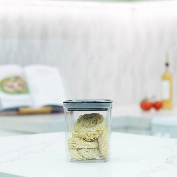 Glass jar with noodles from the Family Pantry System Pack, ideal for pantry organisation and kitchen storage efficiency.
