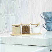 Round Bamboo Trio Glass Jar Set – 300ml Each displayed on kitchen counter for pantry organisation, ideal as storage organisers.