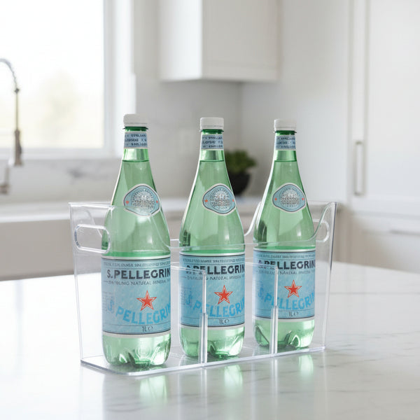 Clear Pull-Out Organiser holding bottles on a kitchen countertop, ideal for kitchen organisation and storage organisers.