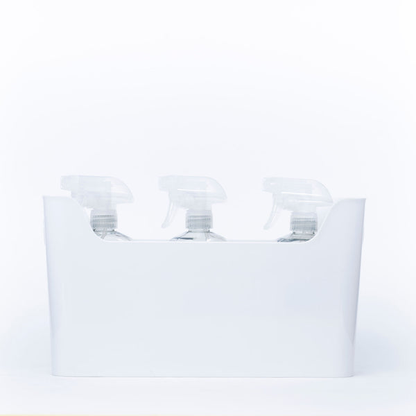 White Pull-Out Organiser with spray bottles for efficient under sink storage in kitchens and bathrooms, enhancing organisation.