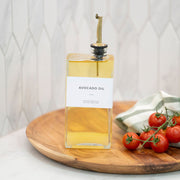Glass Oil & Vinegar Bottles with Tray – 5 Pack featuring avocado oil bottle with gold spout, ideal for kitchen organisers, home use