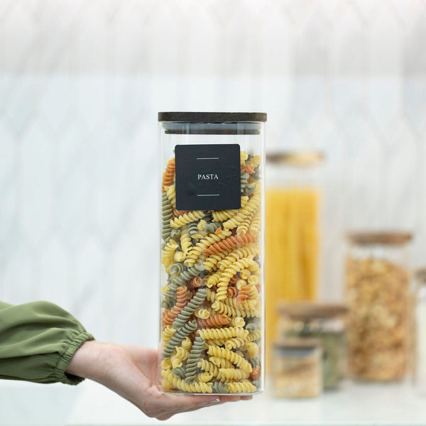 Square Acacia Lid Glass Jar – 5 Sizes used for storing pasta in a kitchen pantry for effective kitchen organisation.