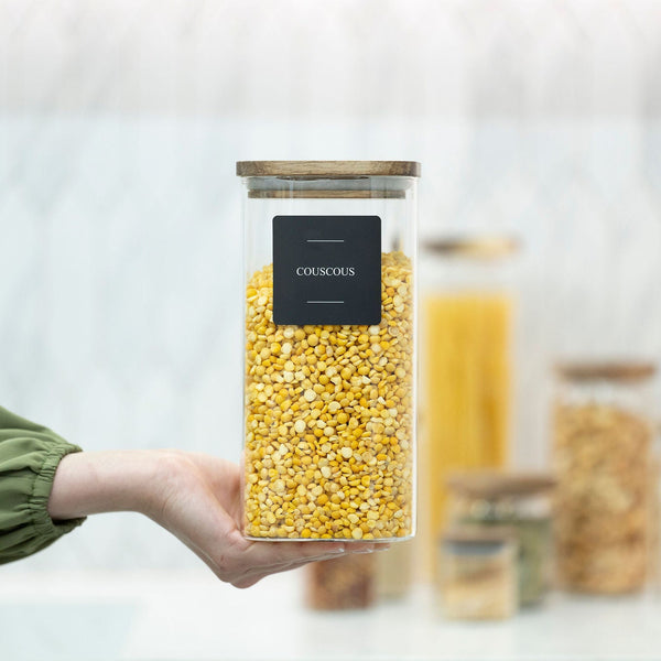 Square Acacia Lid Glass Jars – 5 Sizes used for pantry organisation, featuring couscous storage for efficient kitchen organisation.