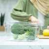 Clear Fridge Organiser with Lid used for storing broccoli in a kitchen, ideal for fridge organisation and preserving fresh produce.