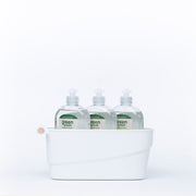 Small White Storage Tub – Stylish with Wooden Handles, perfect for kitchen organisation, holding soap bottles for under sink storage.