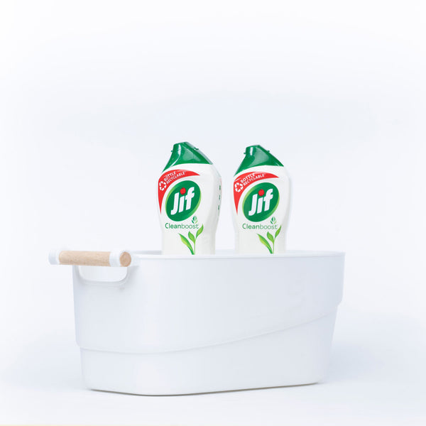 Medium White Storage Tub with Wooden Handle holding cleaning products, ideal for kitchen or under sink organisation.