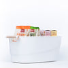 Large White Storage Tub – Wooden Handles, Stylish & Strong, used for pantry organisation with snacks, enhancing kitchen storage solutions.