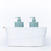 Large White Storage Tub – Wooden Handles, Stylish & Strong, used for bathroom organisation with soap dispensers, ideal as under sink storage.