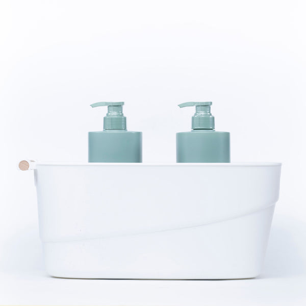 Large White Storage Tub – Wooden Handles, Stylish & Strong, used for bathroom organisation with soap dispensers, ideal as under sink storage.