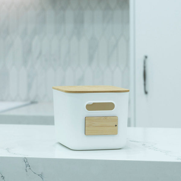 Plastic & Bamboo Storage Containers – Multi-Purpose Organisers perfect for under sink storage in kitchen or bathroom.