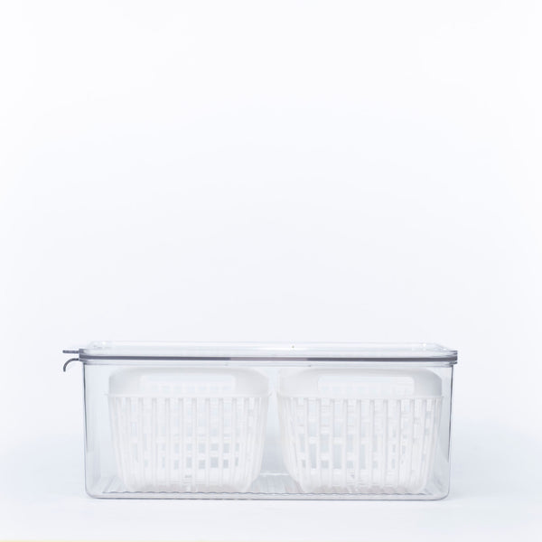 Fridge Storage Container with Double Basket for efficient kitchen and pantry organisation, ideal for use as fridge organisers or drawer organisers.