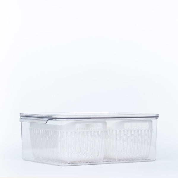 Fridge Storage Container with Double Basket ideal for kitchen organisation, perfect fridge organisers for efficient food storage.