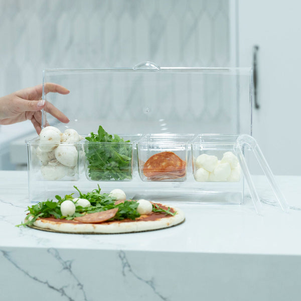 Condiment Serving Container – 4 Inserts with Tongs in kitchen, ideal for pantry organisation and efficient condiment storage.