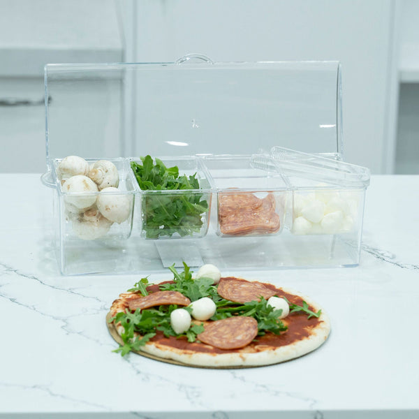 Condiment Serving Container – 4 Inserts with Tongs for kitchen organisation, holding mushrooms, greens, cured meat, and onions.