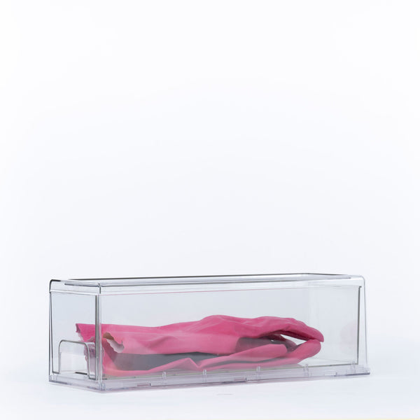Clear Modular Drawer Organiser – Small holding pink household gloves, perfect for under sink storage or pantry organisation.