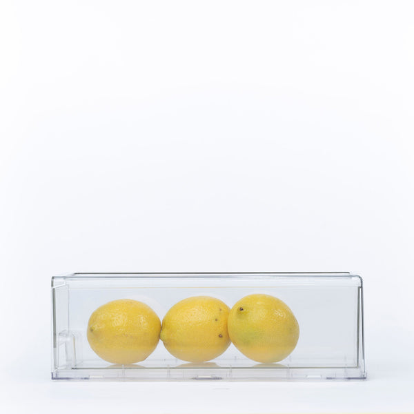 Clear Modular Drawer Organiser – Small used for kitchen storage, holding lemons, ideal for pantry or fridge organisation.