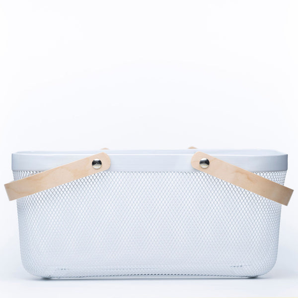 Large White Mesh Basket with Wooden Handles ideal for pantry organisation, perfect as storage organisers or under sink storage solutions.