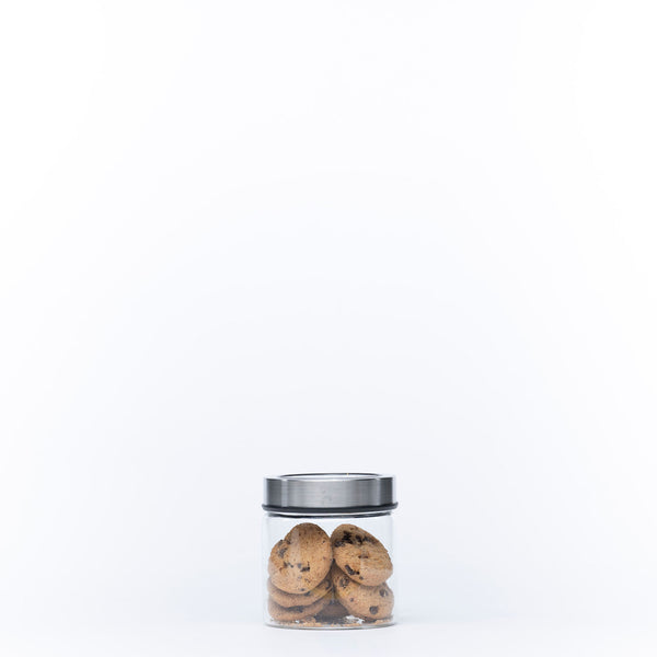 Glass Storage Jar – 400ml with Clear Stainless Lid storing cookies for kitchen organisation and pantry efficiency.
