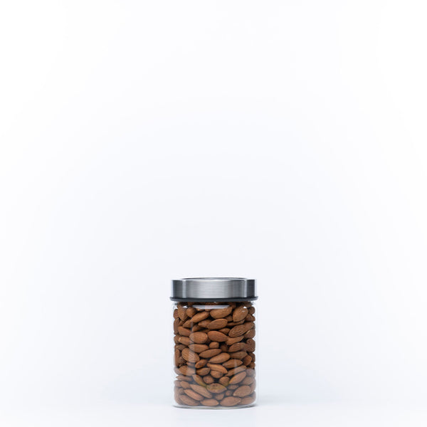 Glass Storage Jar – 550ml with Clear Stainless Lid, ideal for pantry organisation, filled with almonds for kitchen storage organisers.