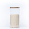 Large Glass Storage Jar with Bamboo Lid 4.8L filled with rice, ideal for kitchen pantry and organisation with glass jars.