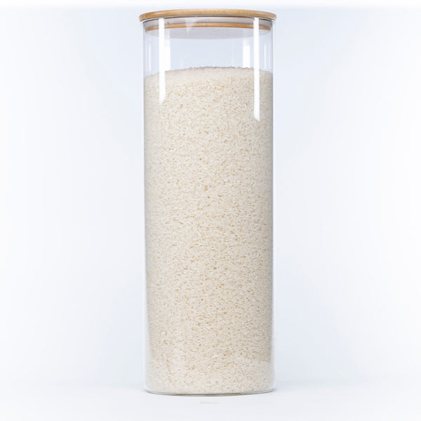 Large Glass Storage Jar with Bamboo Lid 6.4L used for rice storage, perfect for kitchen and pantry organisation.