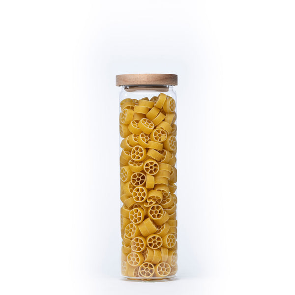 Round Glass Acacia Storage Jar Set – 5 Pack with pasta, perfect for pantry organisation and enhancing kitchen storage.