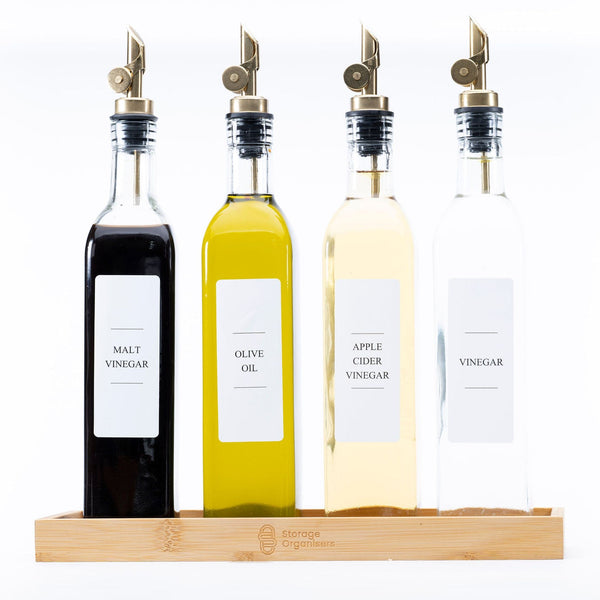 Bamboo Rectangle Tray holding glass bottles for kitchen organisation, perfect as storage organisers for pantry or fridge essentials.