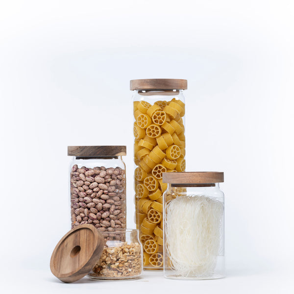 Round Glass Acacia Storage Jar Set – 5 Pack for kitchen organisation, ideal for pantry or fridge. Perfect storage organisers for food.