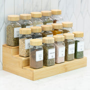 Bamboo Shaker Spice Jar – 120 ml displayed on a kitchen countertop organiser, ideal for pantry organisation with glass jars and storage solutions.